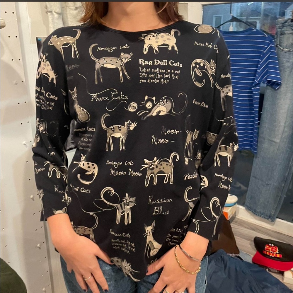 Vintage longsleeve cat sweatshirt y2K black gold all over print size 1x